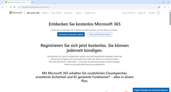 Microsoft Word kostenlos testen über Microsoft 365 Startseite der Microsoft-Website mit Hinweis zur Testversion von Microsoft Word kostenlos