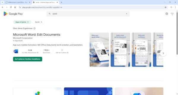 Microsoft Word kostenlos als App im Google Play Store Microsoft Word kostenlos auf dem Smartphone nutzen – App-Ansicht im Google Play Store