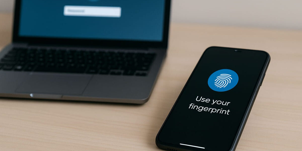 Passwortfreie Authentifizierung per Fingerabdruck am Smartphone neben klassischem Passwort-Login am Laptop