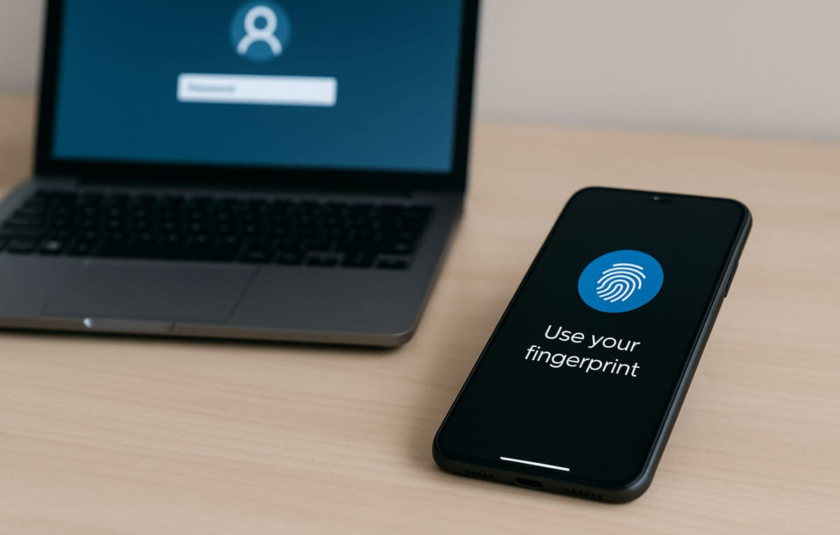 Passwortfreie Authentifizierung per Fingerabdruck am Smartphone neben klassischem Passwort-Login am Laptop