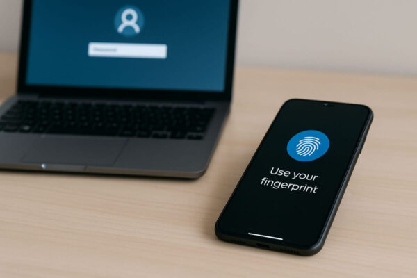 Passwortfreie Authentifizierung mit Fingerabdruck statt Passwort Passwortfreie Authentifizierung per Fingerabdruck am Smartphone neben klassischem Passwort-Login am Laptop