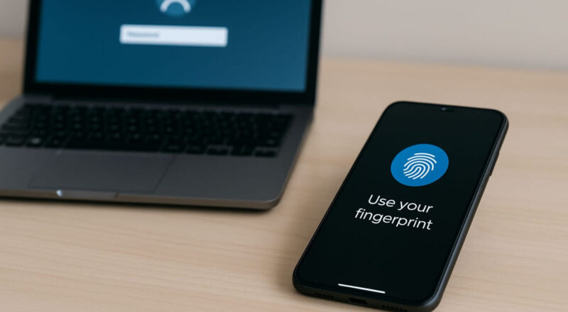 Passwortfreie Authentifizierung per Fingerabdruck am Smartphone neben klassischem Passwort-Login am Laptop