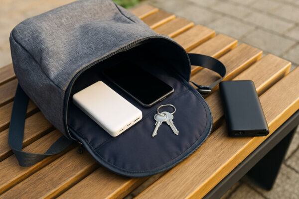 Powerbank im Größenvergleich im Alltagseinsatz mit Rucksack und Smartphone