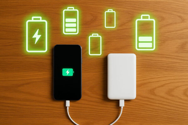Powerbank mit Smartphone – Symbolbild für gespeicherte Energie und Kapazität
