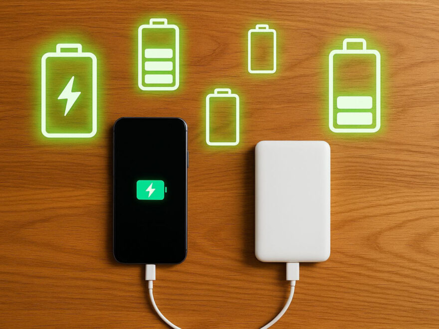 Powerbank mit Smartphone – Symbolbild für gespeicherte Energie und Kapazität