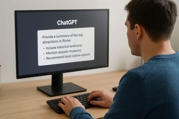 Was ist ein Prompt? Beispiel für gute Prompts für ChatGPT Beispielhafte Eingabe als gute Prompts für ChatGPT im Chatfenster dargestellt