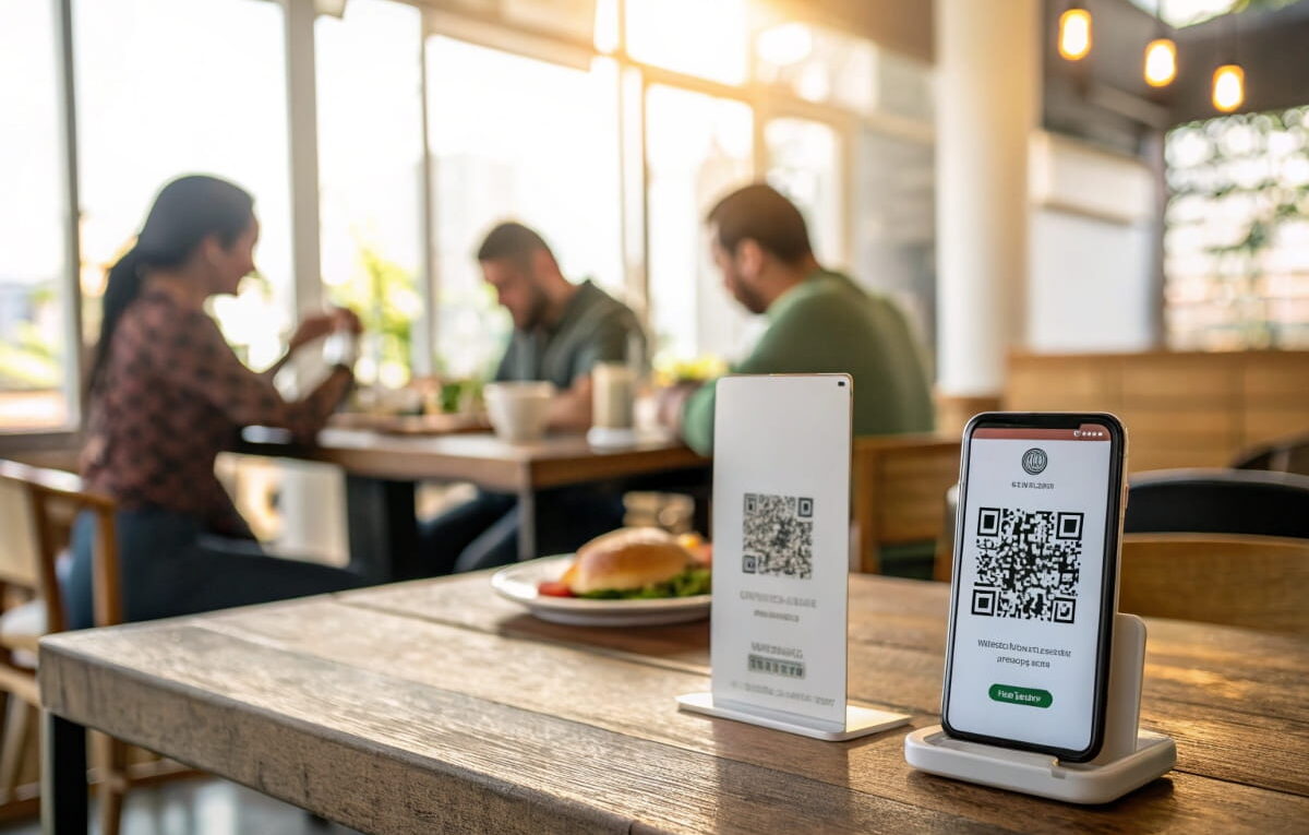 Risiken von QR-Codes im Alltag – Smartphone scannt QR-Code auf Restauranttisch