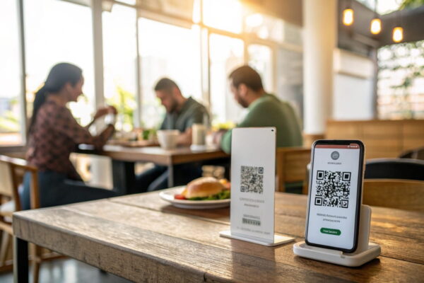 Risiken von QR-Codes im Alltag – Smartphone scannt QR-Code auf Restauranttisch