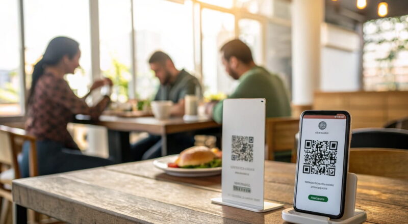 Risiken von QR-Codes im Alltag – Smartphone scannt QR-Code auf Restauranttisch