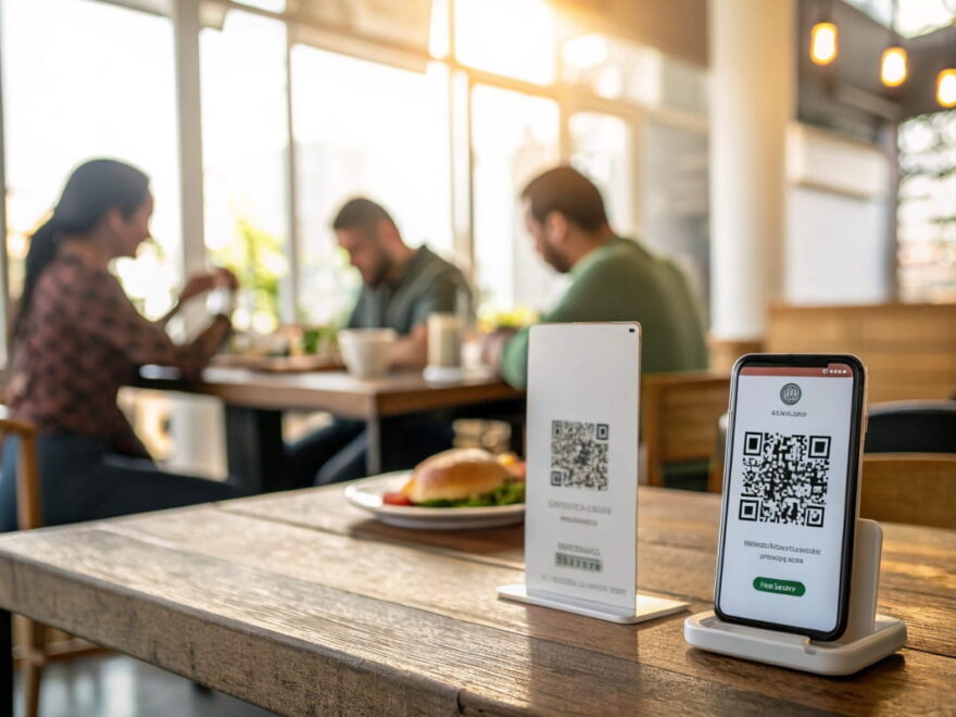 Risiken von QR-Codes im Alltag – Smartphone scannt QR-Code auf Restauranttisch