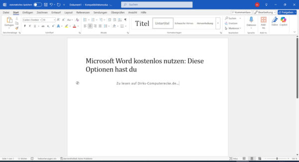 Microsoft Word kostenlos – echte Ansicht beim Öffnen Microsoft Word kostenlos starten – Screenshot der Startansicht