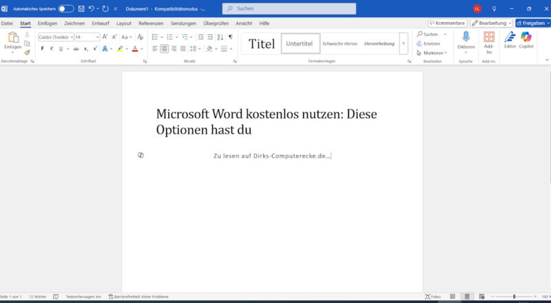 Microsoft Word kostenlos starten – Screenshot der Startansicht