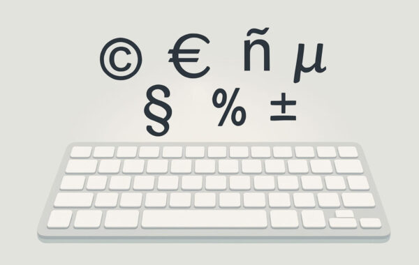 Sonderzeichen wie ©, €, @ und µ schweben über einer stilisierten Tastatur
