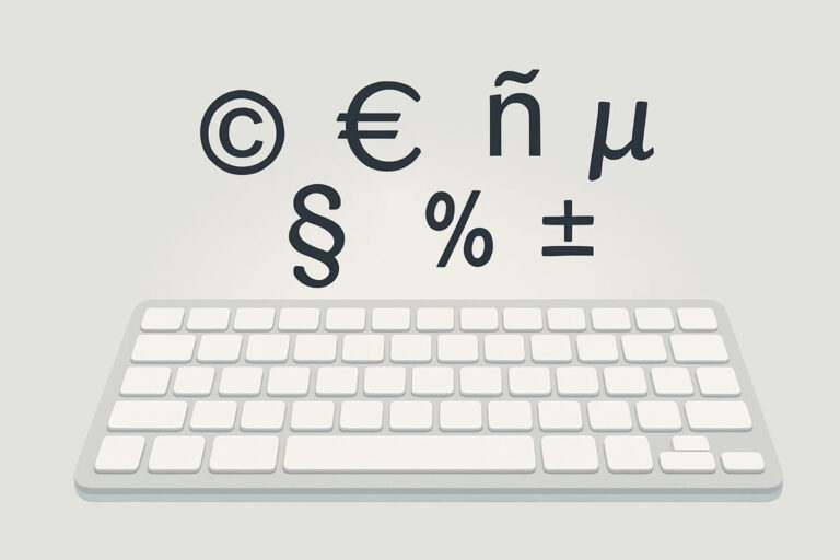 Sonderzeichen wie ©, €, @ und µ schweben über einer stilisierten Tastatur
