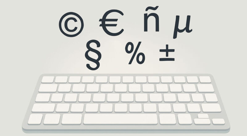 Sonderzeichen wie ©, €, @ und µ schweben über einer stilisierten Tastatur