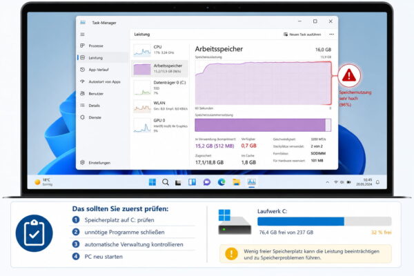 Windows 11 Task-Manager zeigt hohe Speichernutzung und wichtige Prüfpunkte bei zu wenig virtuellem Speicher