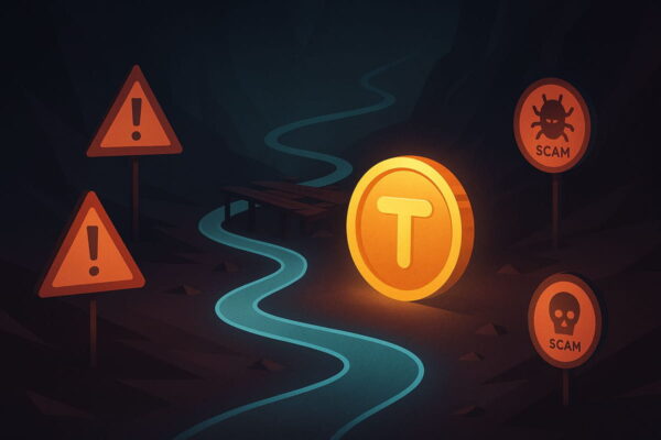 Illustration: Risiken und Herausforderungen beim Umgang mit Tokens Tokens als Symbol auf einem unsicheren digitalen Weg mit Risiken wie Betrug und Instabilität
