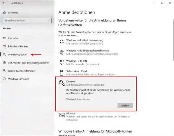 Windows Passwort ändern über Anmeldeoptionen in den Einstellungen Windows Passwort ändern über die Einstellungen in Windows 10