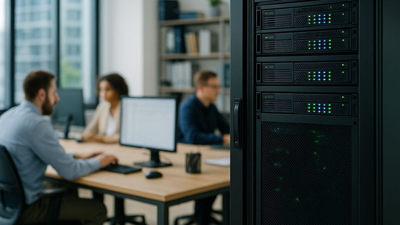 Windows-Server im Unternehmen mit moderner IT-Infrastruktur und zentralem Serverrack