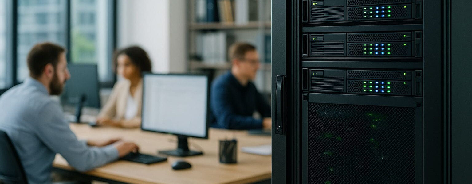 Windows-Server im Unternehmen mit moderner IT-Infrastruktur und zentralem Serverrack