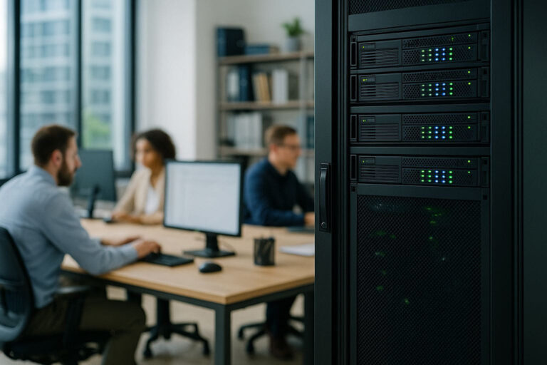 Windows-Server im Unternehmen mit moderner IT-Infrastruktur und zentralem Serverrack