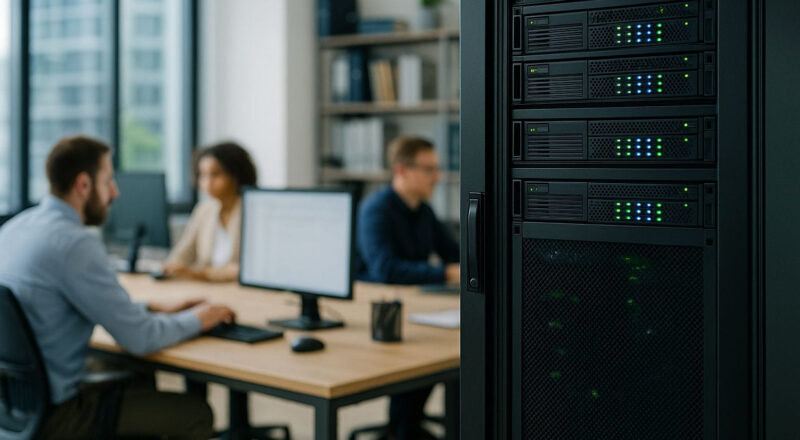 Windows-Server im Unternehmen mit moderner IT-Infrastruktur und zentralem Serverrack