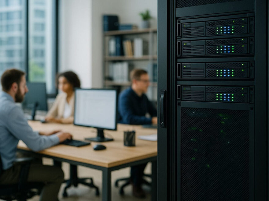Windows-Server im Unternehmen mit moderner IT-Infrastruktur und zentralem Serverrack