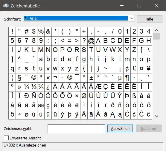 Windows-Zeichentabelle zur Auswahl von Sonderzeichen im Arial-Zeichensatz