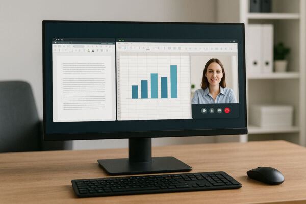 1440p-Monitore mit geöffneter Software am Arbeitsplatz zeigen klare Darstellung und hohe Kompatibilität im Alltag.