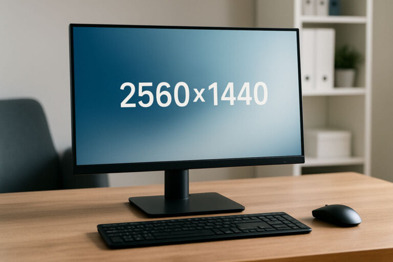 Moderner Arbeitsplatz mit 27-Zoll-Display, der die Vorteile von 1440p-Monitore bei Auflösung und Schärfe zeigt.