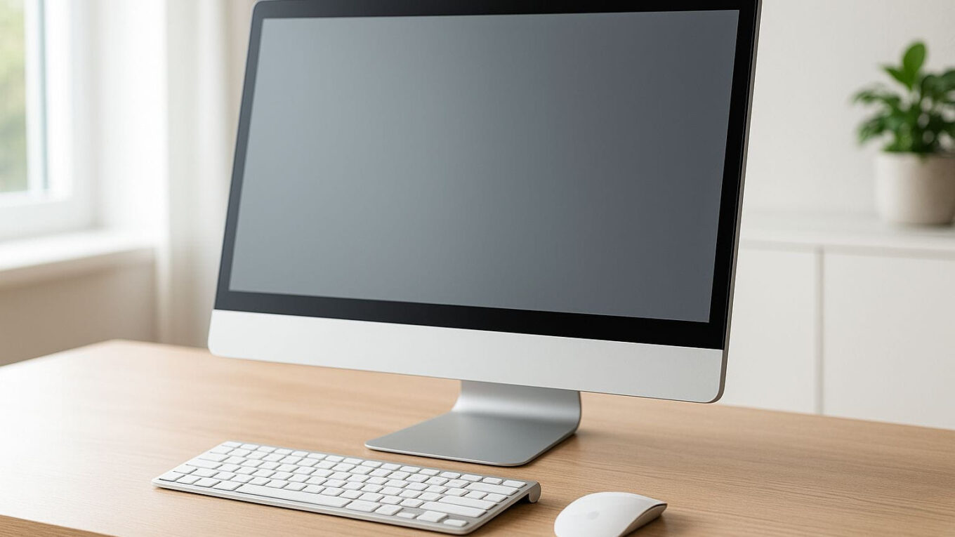 Moderner All-in-One-PC auf aufgeräumtem Schreibtisch in heller Umgebung