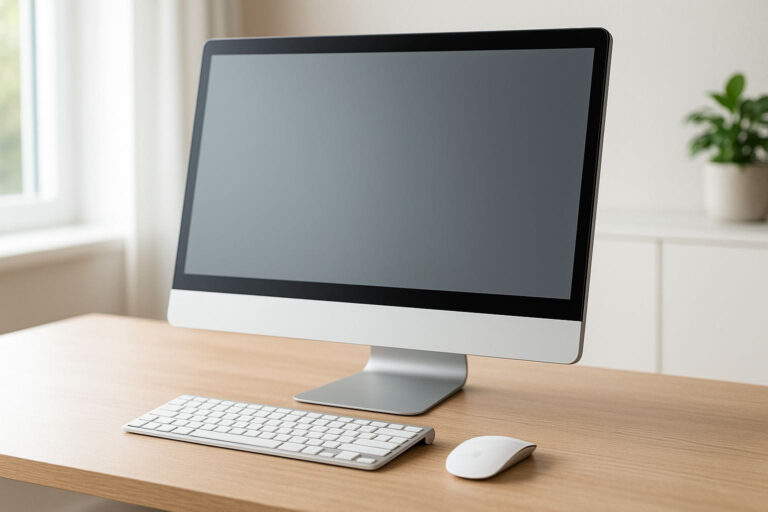 Moderner All-in-One-PC auf aufgeräumtem Schreibtisch in heller Umgebung