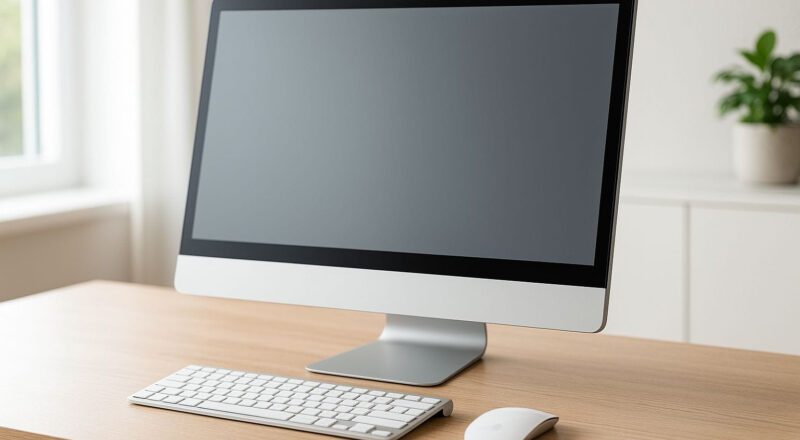 Moderner All-in-One-PC auf aufgeräumtem Schreibtisch in heller Umgebung