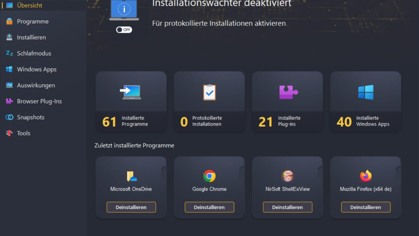 Ashampoo UnInstaller 16 – Startübersicht mit installierten Programmen, Plug-ins und Windows Apps