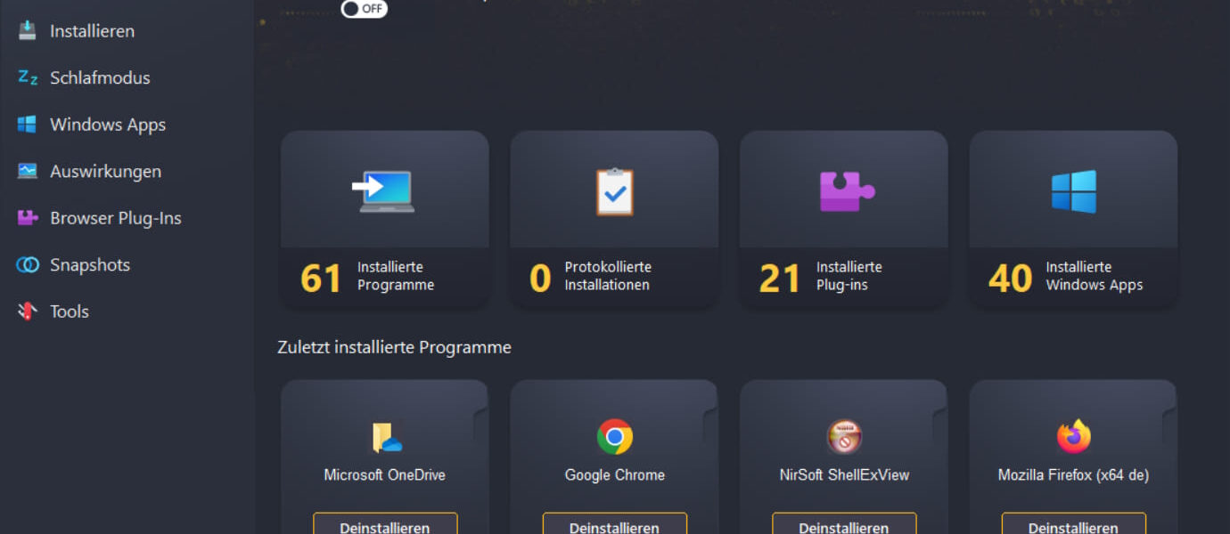 Ashampoo UnInstaller 16 – Startübersicht mit installierten Programmen, Plug-ins und Windows Apps