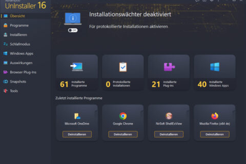Ashampoo UnInstaller 16 – Startübersicht mit installierten Programmen, Plug-ins und Windows Apps