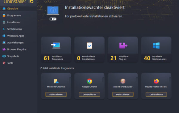 Ashampoo UnInstaller 16 – Startübersicht mit installierten Programmen, Plug-ins und Windows Apps