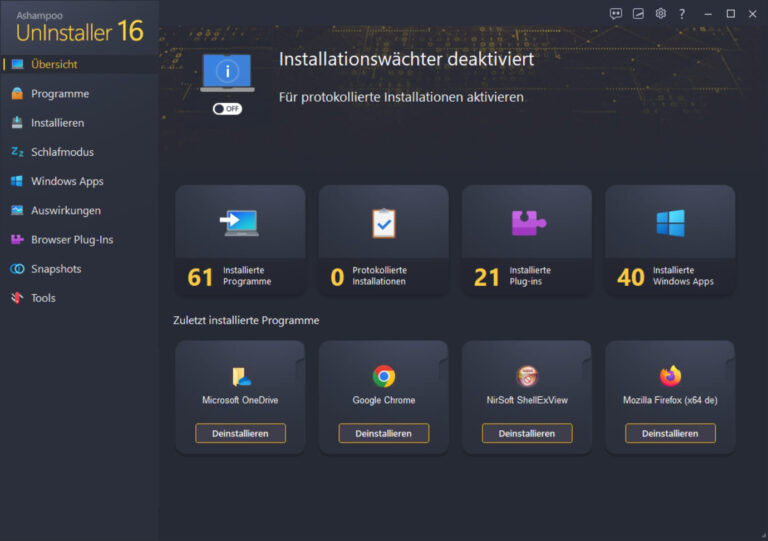 Ashampoo UnInstaller 16 – Startübersicht mit installierten Programmen, Plug-ins und Windows Apps