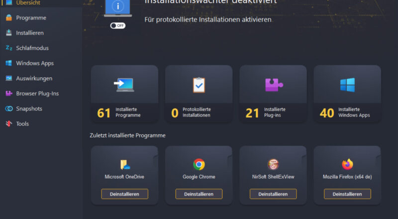 Ashampoo UnInstaller 16 – Startübersicht mit installierten Programmen, Plug-ins und Windows Apps