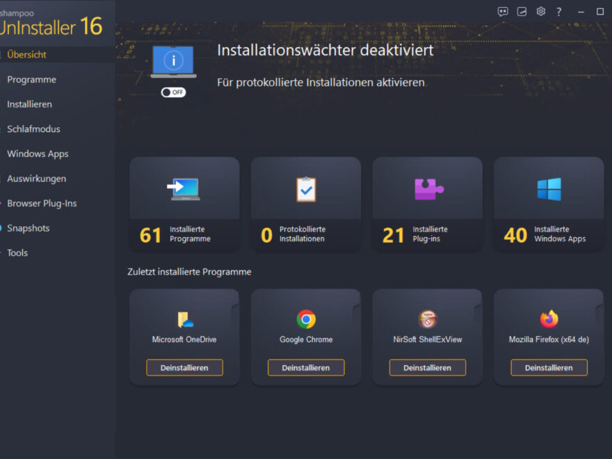 Ashampoo UnInstaller 16 – Startübersicht mit installierten Programmen, Plug-ins und Windows Apps