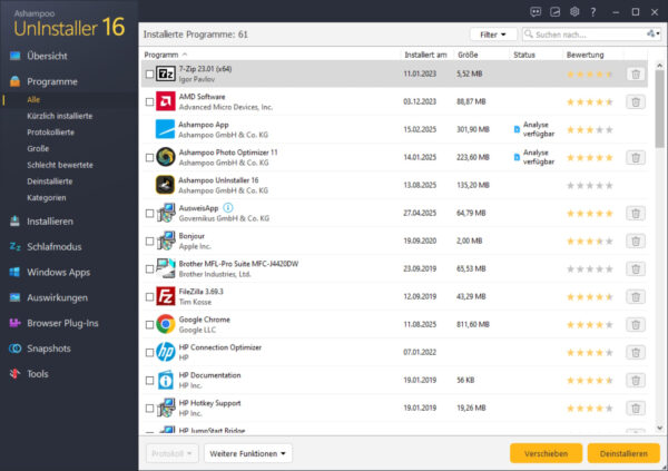 Ashampoo UnInstaller 16 – Liste installierter Programme mit Größenangaben und Bewertungen