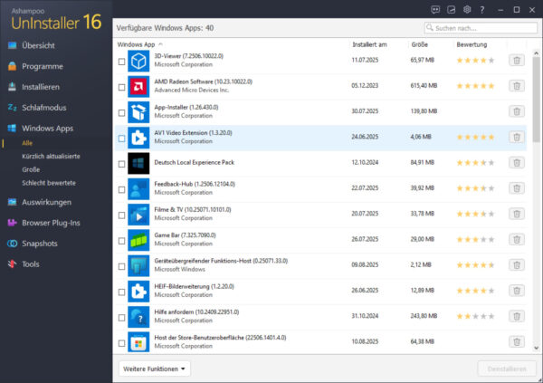 Ashampoo UnInstaller 16 – Übersicht installierter Windows Apps mit Bewertungen