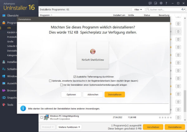 Ashampoo UnInstaller 16 – Deinstallationsdialog mit Tiefenreinigung und Wiederherstellungspunkt