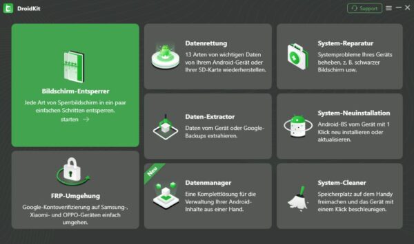 DroidKit Startbildschirm mit Funktionen wie Bildschirm-Entsperrer und Datenrettung