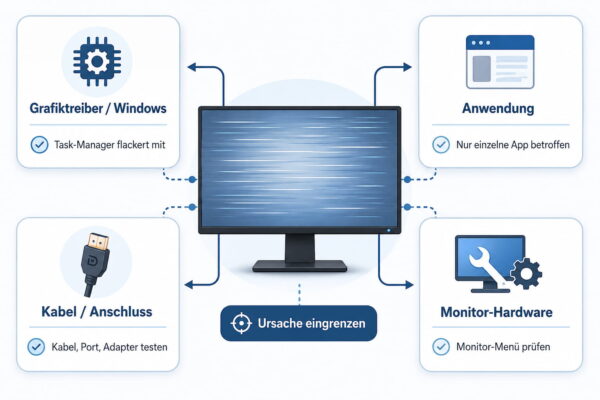 Ursachen für Bildschirmflackern eingrenzen Mögliche Ursachen für einen flackernden Bildschirm: Treiber, Anwendung, Kabel oder Monitor