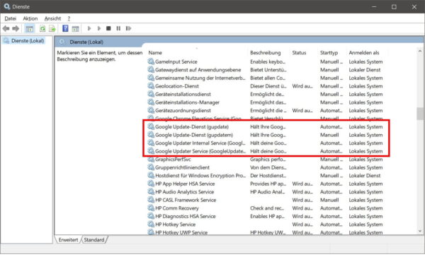 Automatische Updates beim Google Chrome unter Windows in den Diensten deaktivieren