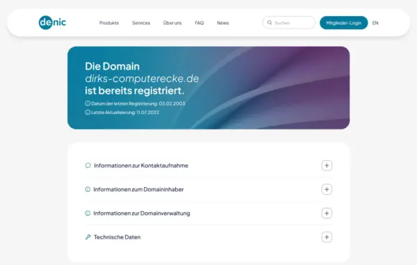 DENIC-Domainabfrage für dirks-computerecke.de mit Registrierungsdatum und Informationen zum Domaininhaber