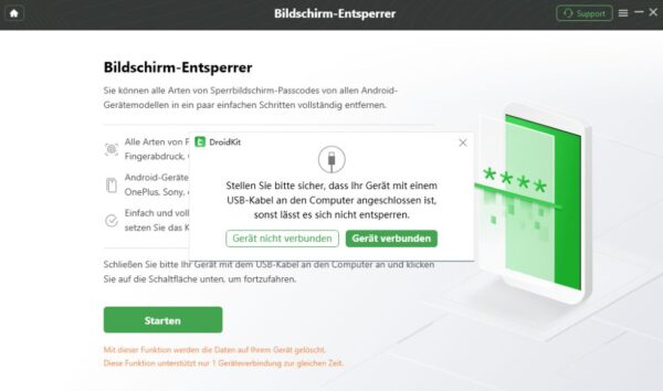 DroidKit Hinweisfenster Gerät per USB verbinden zur Entsperrung