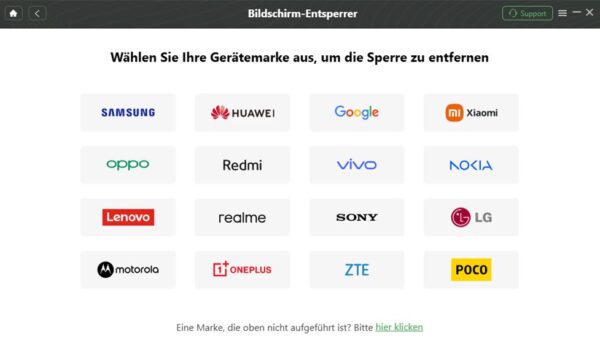 Auswahl der Smartphone-Marke in DroidKit zur Bildschirm-Entsperrung