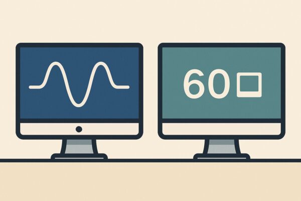 Hertz vs. FPS – Unterschied zwischen Bildrate und Bildwiederholrate Vergleich von Hertz und FPS mit zwei Monitoren als Symbol für Bildwiederholrate und Bildrate